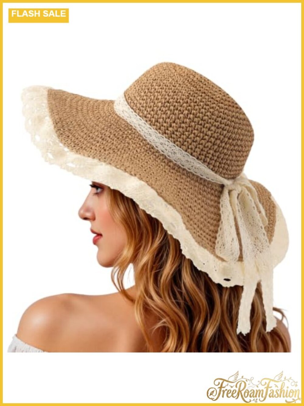 UPF 50+ Packable Floppy Straw Sun Hat Wide Brim Lace Trim Beach